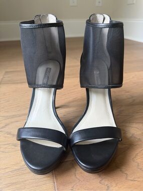 BCBGeneration Black Mesh Ankle-Cuff Open-Toe Heels with Leather Strap